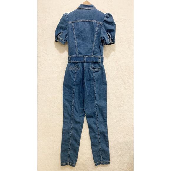 Retrofete Tori Denim Jumpsuit Size Medium Short Puff Sleeve Button Front w Belt - Picture 3 of 12